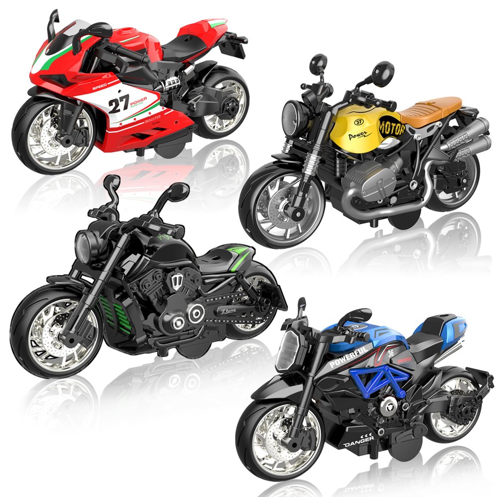 Alloy Metal Diecast Motorcycle Model Toy Set, 4 Pack of 1:12 Scale Die-Cast Motorcycles with Light&Sounds, Pull Back Function Toy Moto Bike for Kids Boys Girls and Collectors Ages 3 and up