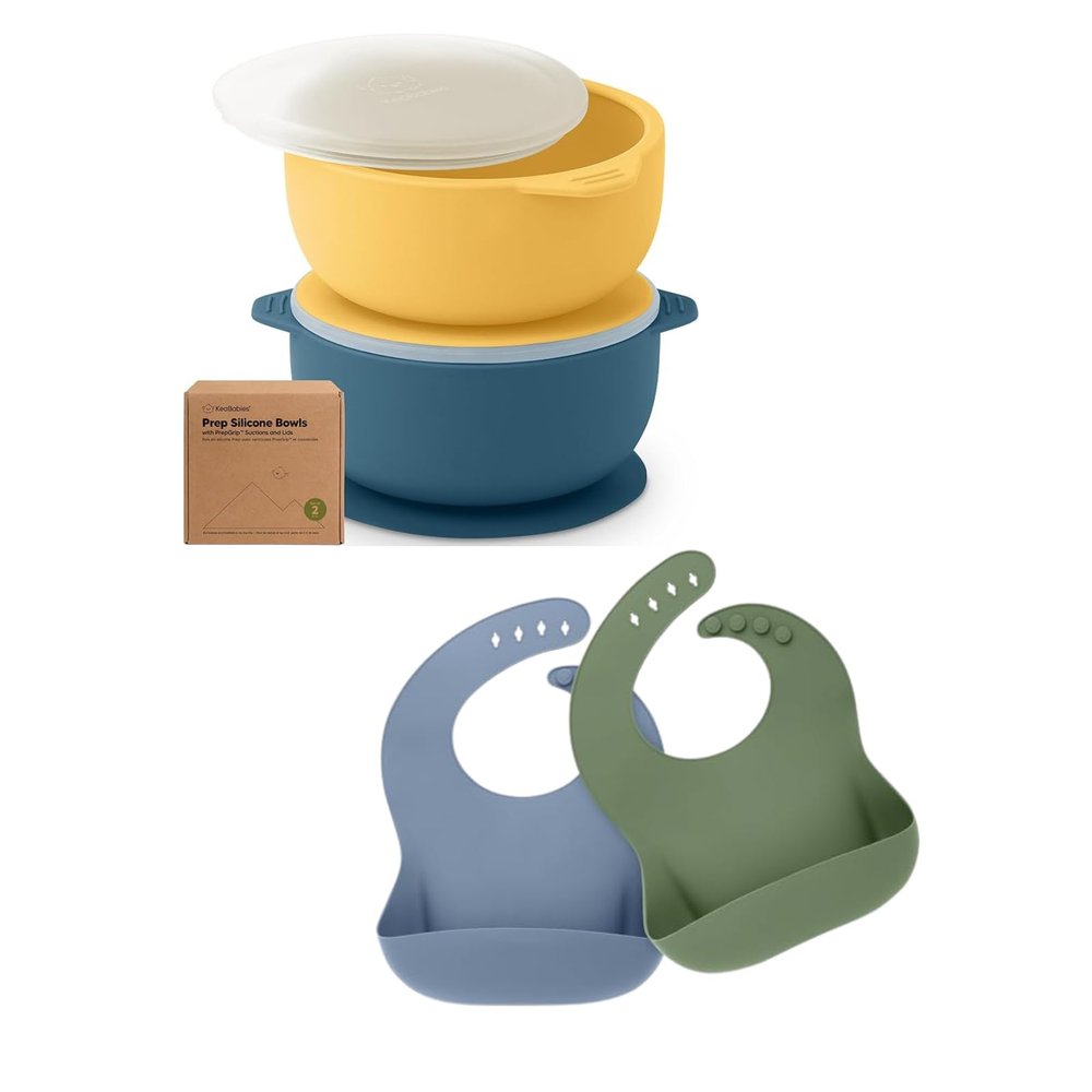KeaBabies 2-Pack Baby Bowls with Suctions, Lids and 2-Pack Baby Silicone Bibs - Silicone Suction Bowls for Baby Boy, Girl, Silicone Bowls BPA-Free - Waterproof, Easy Wipe Silicone Bib for Kids