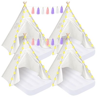 PLULON 4 Pack Teepee Tent for Kids Slumber Party Tents for Girls Sleepover with Inflatable Airbed and Decorations White Play for Birthday Party Christmas Birthday Gift for Kids