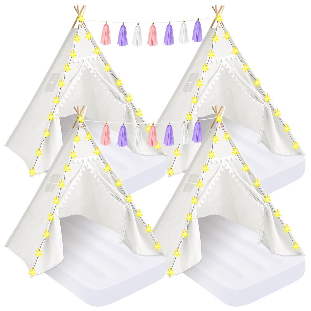 PLULON 4 Pack Teepee Tent for Kids Slumber Party Tents for Girls Sleepover with Inflatable Airbed and Decorations White Play for Birthday Party Christmas Birthday Gift for Kids