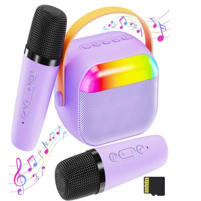 FunMission Karaoke Machine for Kids with Memory Card, Portable Bluetooth Speaker with 2 Wireless Microphones, Kids Microphone for 4 5 6 7 8 9 10+ Years Old, Christmas Birthday Present for Girls,Purple