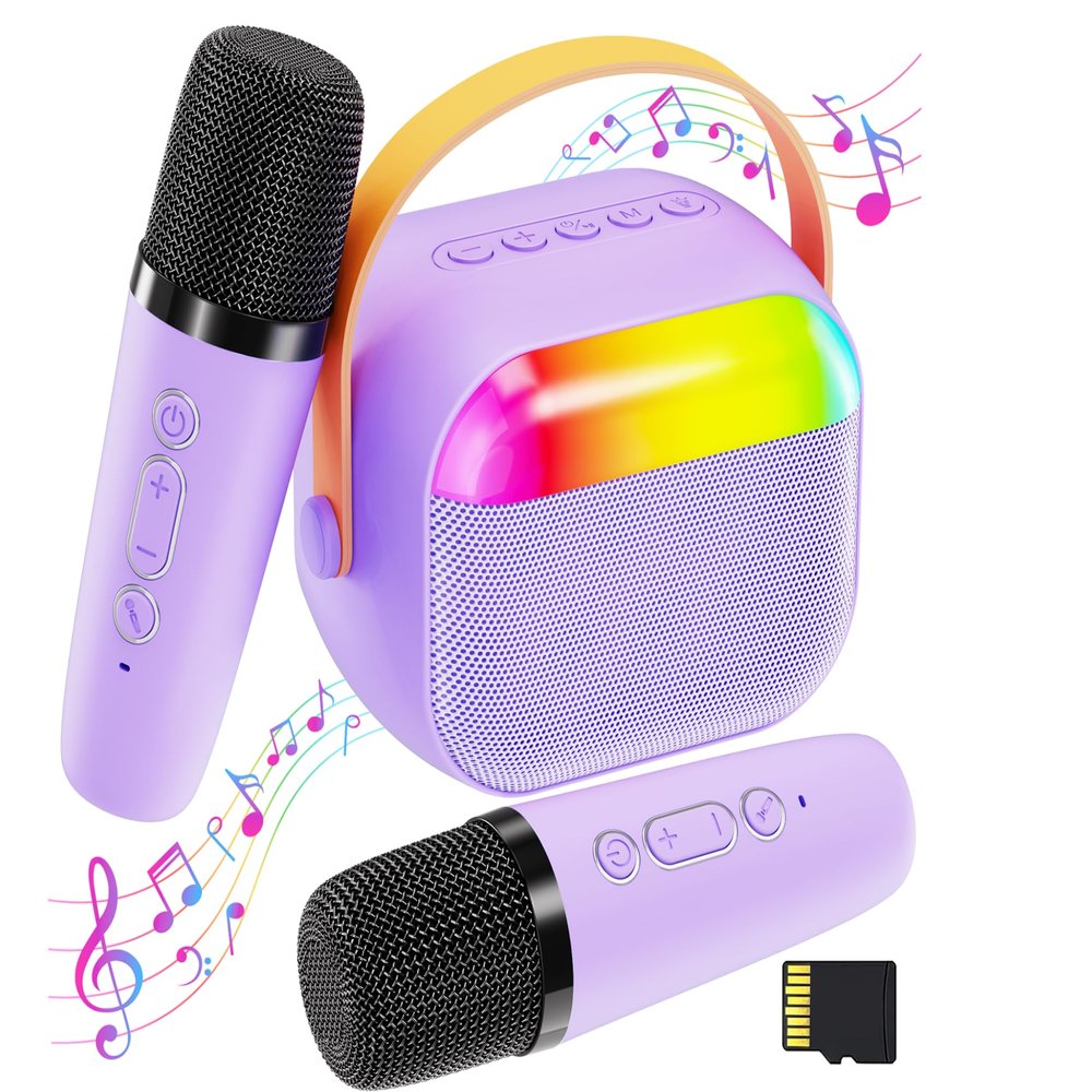 FunMission Karaoke Machine for Kids with Memory Card, Portable Bluetooth Speaker with 2 Wireless Microphones, Kids Microphone for 4 5 6 7 8 9 10+ Years Old, Christmas Birthday Present for Girls,Purple