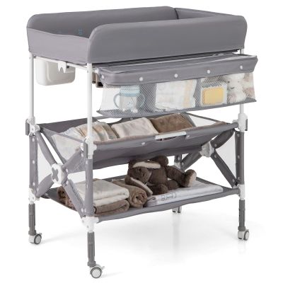 BABY JOY Portable Baby Changing Table, Foldable Waterproof Diaper Changing Station w/Wheels, Adjustable Height, Storage Basket, Shelves & Trash Bin, Mobile Nursery Organizer for Newborn Infant, Gray