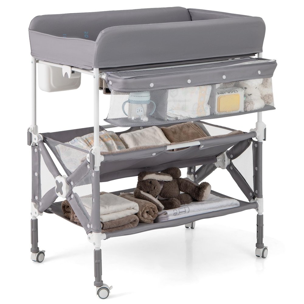 BABY JOY Portable Baby Changing Table, Foldable Waterproof Diaper Changing Station w/Wheels, Adjustable Height, Storage Basket, Shelves & Trash Bin, Mobile Nursery Organizer for Newborn Infant, Gray