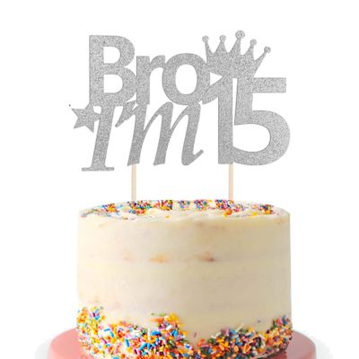 1Pcs 15th Birthday Cake Topper Blue Glitter Bro I'm 15 Birthday Cake Pick Cheers to 15 Years Old Fifteen Fabulous Cake Decorations for 15th Birthday Theme Party Supplies(Blue) (Silver)