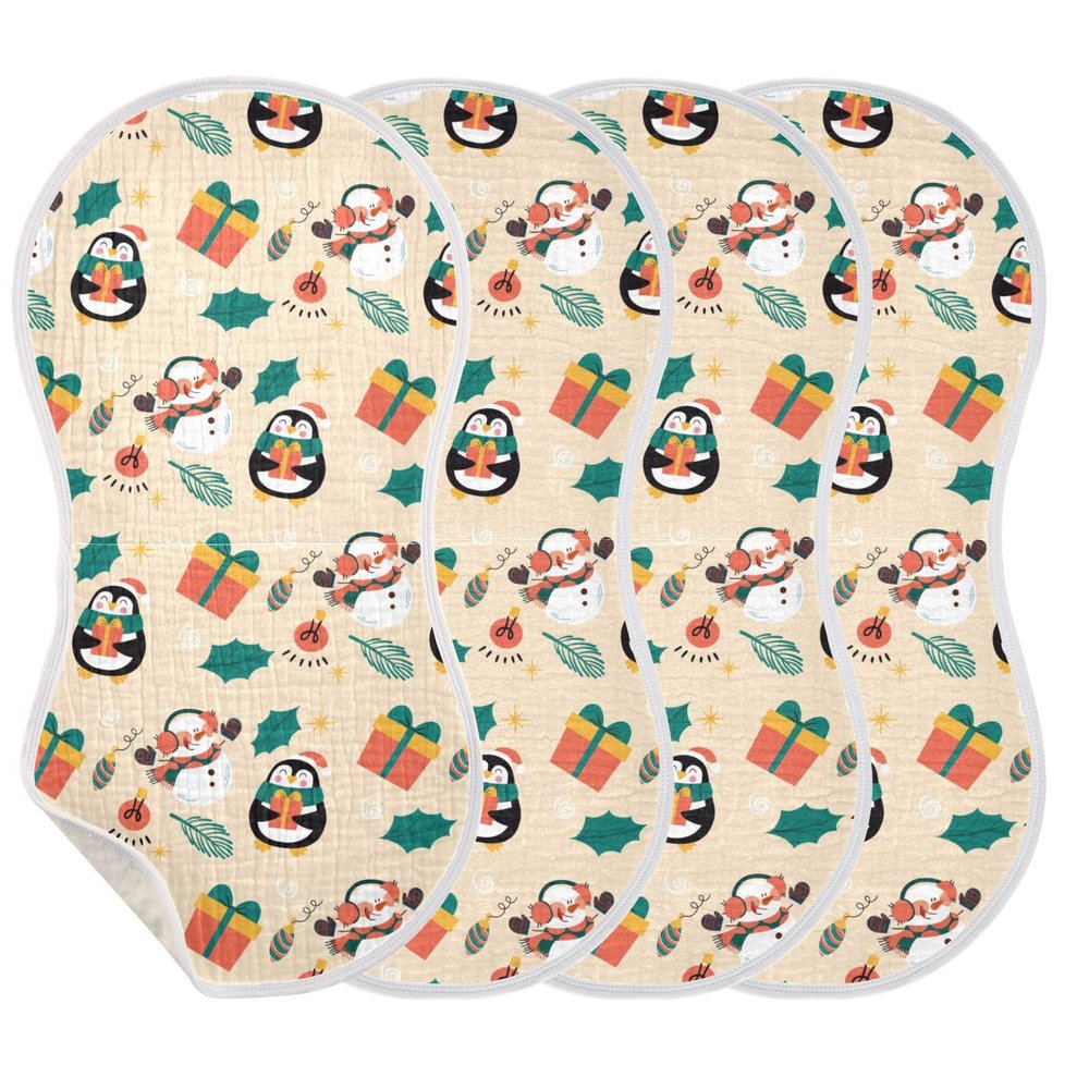 ElliTarr Burp Cloths Cotton Soft Burping Cloths for Babies 22x11 Inch 4 Pack Neutral Absorbent Burp Clothes Rags Towels for Newborn Penguin and Snowmen Yellow