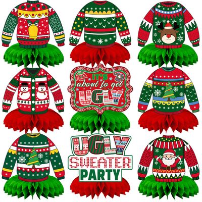 Adeyoo Christmas Ugly Sweater Party Decorations Honeycomb Centerpiece,9Pcs Ugly Sweater Centerpieces for Tables,3D Xmas Table Topper Xmas Table Centerpieces for Merry Christmas Holidays Decoration