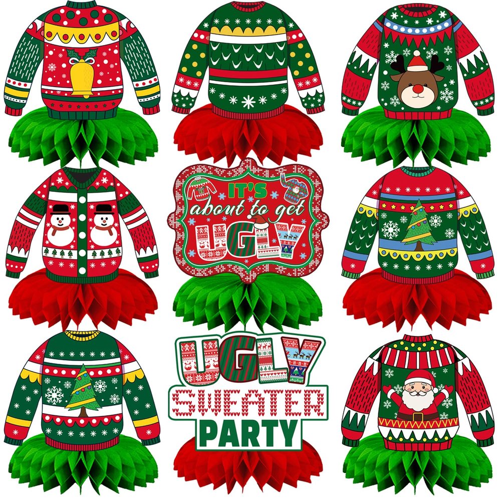 Adeyoo Christmas Ugly Sweater Party Decorations Honeycomb Centerpiece,9Pcs Ugly Sweater Centerpieces for Tables,3D Xmas Table Topper Xmas Table Centerpieces for Merry Christmas Holidays Decoration