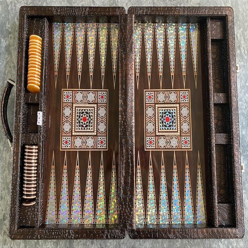 18-inch Premium Leather Backgammon Set for Adults, Crocodile Pattern Faux Leather Covering Vintage Board Game Bag Gift Ideas for Dad, Husband, Anniversary