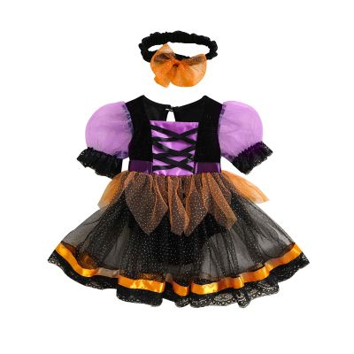Baby Girl Halloween Witch Clothes Puff Short Sleeve Mesh Tulle Romper Dress Spider Lace Tutu Dress Party Outfit (Black Purple, 18-24 Months)