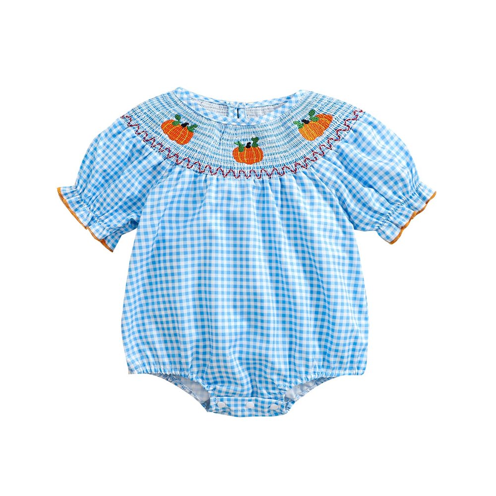 Ayalinggo Halloween Baby Girl Outfits Newborn Pumpkin Plaid Short Sleeve Smocked Bubble Romper Cute Infant Clothes (Blue, 3-6 Months)
