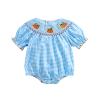Ayalinggo Halloween Baby Girl Outfits Newborn Pumpkin Plaid Short Sleeve Smocked Bubble Romper Cute Infant Clothes (Blue, 3-6 Months) view 1