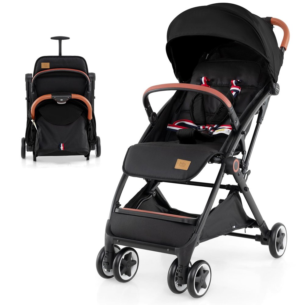 BABY JOY Lightweight Baby Stroller, Compact Toddler Travel Stroller for Airplane, Infant Stroller w/ 5-Point Harness, Adjustable Backrest/Footrest/Canopy, Storage Basket, Easy One-Hand Fold (Black)