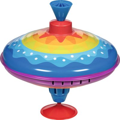 goki 53778 Coloured top made of veneer, colourful spinning top that brings joy and fun to the children's room, classic top with stand, 21 cm high, from 1 year old