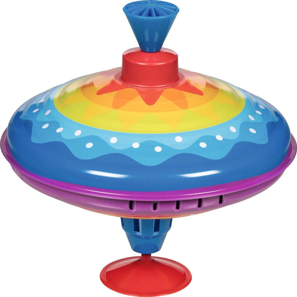 goki 53778 Coloured top made of veneer, colourful spinning top that brings joy and fun to the children's room, classic top with stand, 21 cm high, from 1 year old
