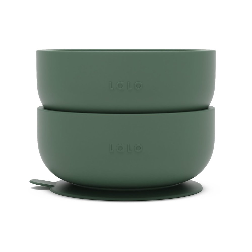 Lalo Suction Bowls - 2 Pack, 100% Silicone Non-Toxic BPA-Free Baby Bowls with Suction Base To Prevent Accidental Tip-Overs - Silicone Bowls For Babies And Toddlers - Olive