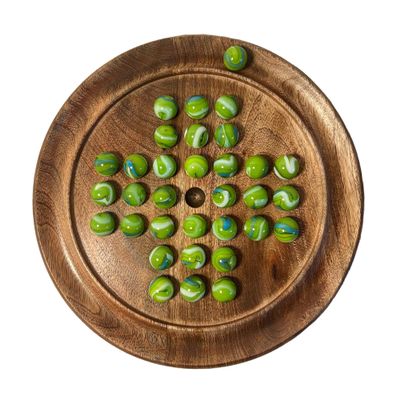 22cm Diameter wooden SOLITAIRE BOARD GAME with GREEN LEPRECHAUN GLASS MARBLES