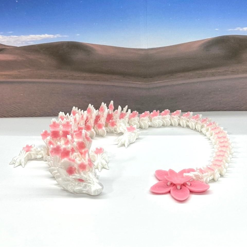3D Printed Dragon, Articulated Dragon Toy, 12" White and Pink Cherry Blossom Dragon, Fidget ADHD Autism Toy, Executive Desk Toy D016-DR