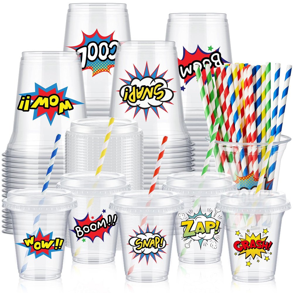 Boao 36 Sets Hero Party Cups with Lids and Paper Straws 14 oz Hero Birthday Party Supplies Favors Disposable Clear Plastic Cups Bulk