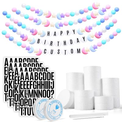 132 Pcs Friendship Bracelet Birthday Banner Kit, Customizable Party Banner Garland Decor, 100 Balls with 24 Pcs Foam Circles, Letter Stickers,Fishing Line for Art Crafts (Macaron Blue Yellow Pink)