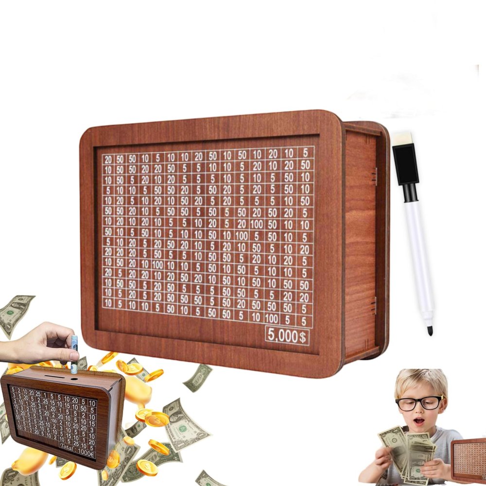 5000 Savings Challenge Box, Saver Money Box with Counter,Wooden Money Box with Money Target and Numbers, Wooden Cash Vault Piggy Bank, Challenges Cash Saving Box Storage Money (5000$)