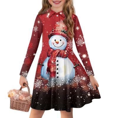 DISNIMO Girls Christmas Dress Cute Snowman Party Holiday Dress Size 9 10 Long Sleeve Casual Dress Kawaii Outfits Clothes for Little Girls Fall Winter Twirly Polos Dress Red Kids Costume