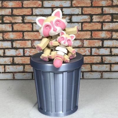 Articulated Raccoon with Trash Can, 2 pcs 3D Printed Racoon Fidget Toy, Mother and Child Strawberry Milk Panda Racoon Toy AR007