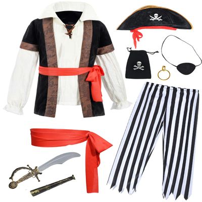 9 PCS Pirate Costume Kids Coat Pants Hat with Accessories Deluxe Set for Party Cosplay 10-11 Years