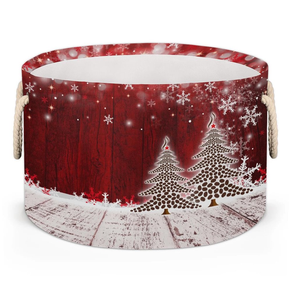 Christmas Coffee Tree Large Round Storage Basket Xmas Snowflakes Collapsible Circle Storage Bin Foldable Laundry Hamper With Handle for Kids Toy Girls Boy Room Nursery Storage Organizer Decorative
