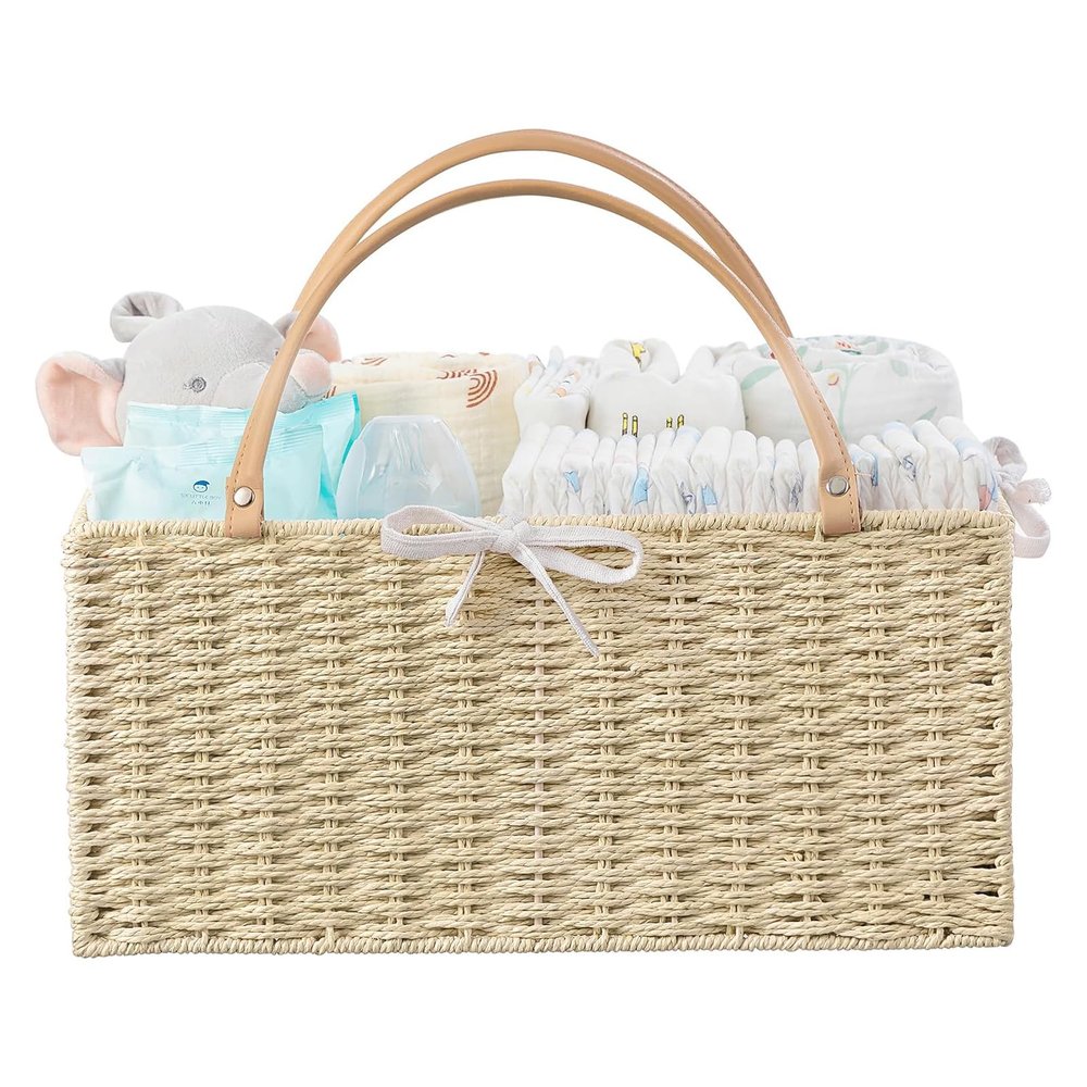 HBlife Baby Diaper Caddy Organizer, Paper Rope Storage Baskets Nursery Bin with Removable Divider, Portable Car Organizer for Diapers, Baby Shower Gifts, Newborn Essentials Must Haves