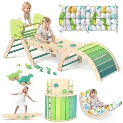 KidsBuddy Pikler Triangle Set with Cushion 9 in 1 Climbing Toys for Toddlers 1-3 Indoor Baby Climbing Gym Toddler Montessori Toys Wooden Toy with Maze Toy, Shape Sorter, Dinosaur Car