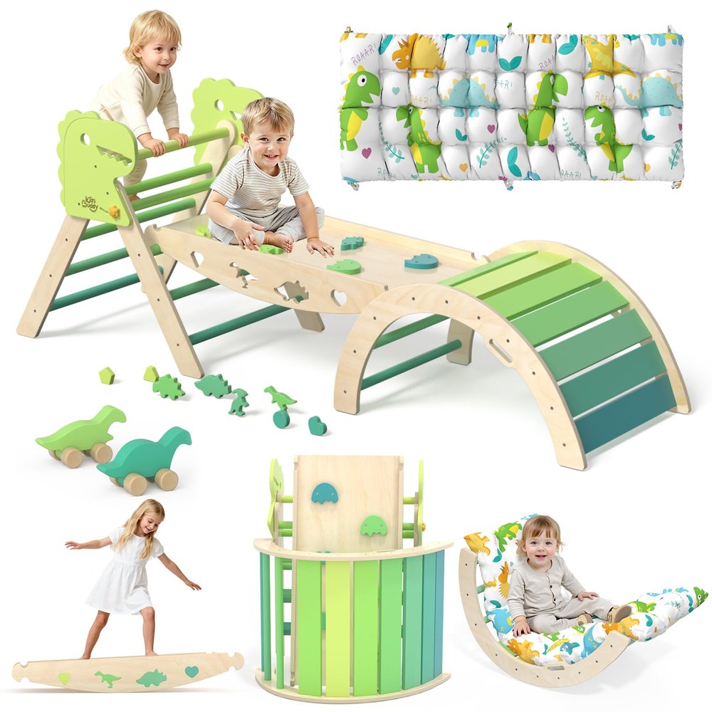KidsBuddy Pikler Triangle Set with Cushion 9 in 1 Climbing Toys for Toddlers 1-3 Indoor Baby Climbing Gym Toddler Montessori Toys Wooden Toy with Maze Toy, Shape Sorter, Dinosaur Car