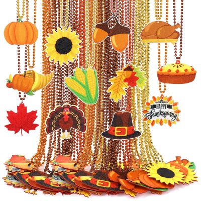 Tondiamo 54 Pcs Thanksgiving Beaded Necklace Bulk Fall Necklaces Party Favors with Turkey Pumpkin Maple Leaf Pendants Decor for Thanksgiving Autumn Harvest Costume Accessories, 12 Styles
