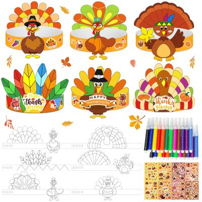 24 Sets Thanksgiving Turkey Craft Kits Fall Thanksgiving Ornaments Decorations Art Sets DIY Autumn Make a Turkey Crafts Stickers Arts and Crafts for Toddler Party Classroom Activities (Hat1)