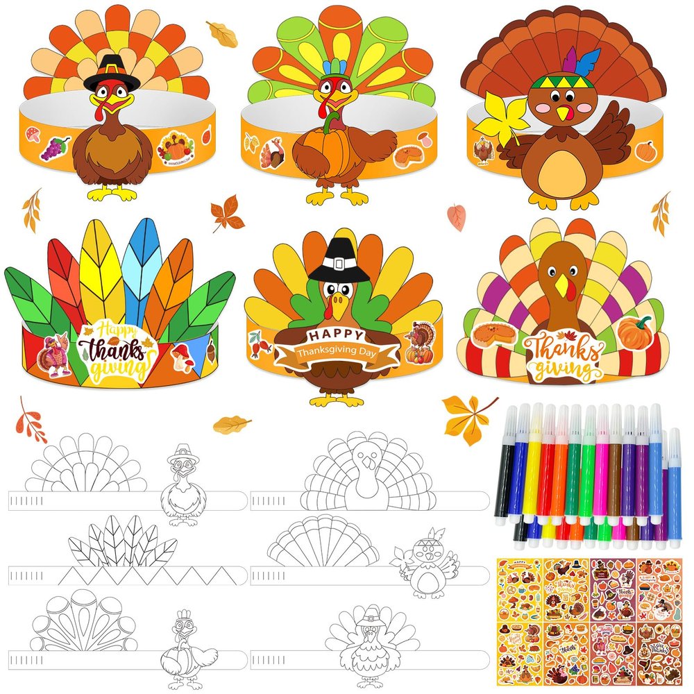 24 Sets Thanksgiving Turkey Craft Kits Fall Thanksgiving Ornaments Decorations Art Sets DIY Autumn Make a Turkey Crafts Stickers Arts and Crafts for Toddler Party Classroom Activities (Hat1)