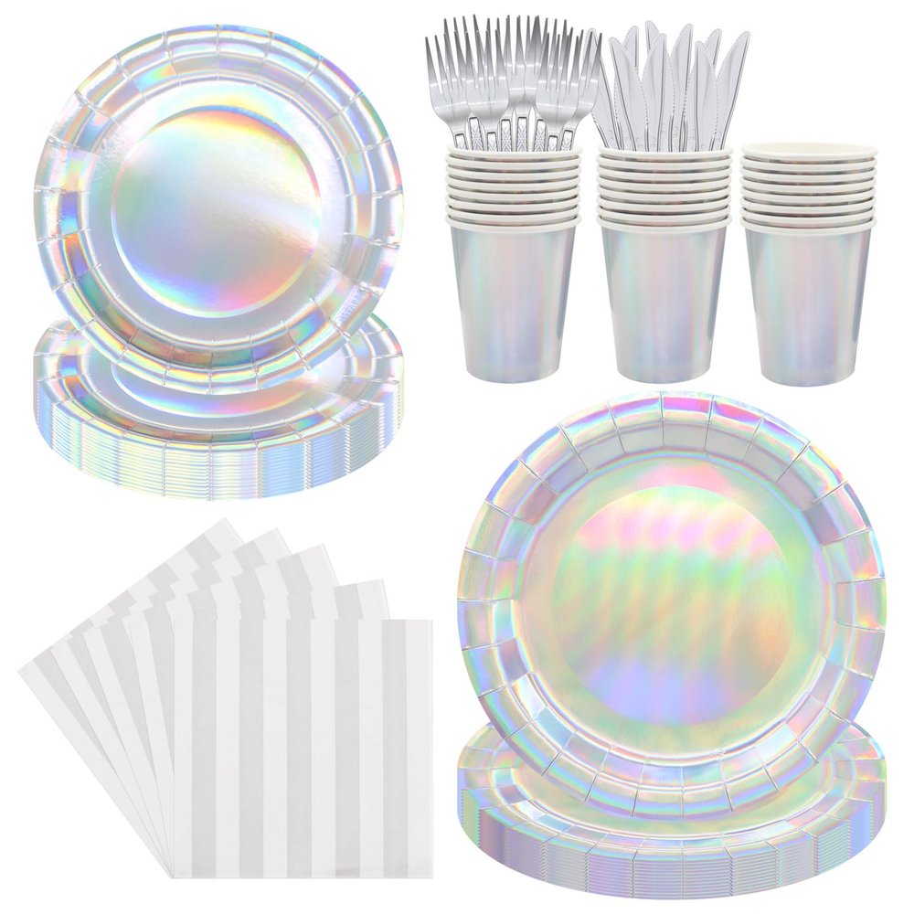 144pcs Iridescent Party Supplies Iridescent Party Tableware Set Serve 24 Guests Includes Holographic Paper Plates Cups Napkins Forks for Baby Shower Mermaid Birthday Party