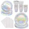 144pcs Iridescent Party Supplies Iridescent Party Tableware Set Serve 24 Guests Includes Holographic Paper Plates Cups Napkins Forks for Baby Shower Mermaid Birthday Party view 1