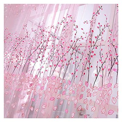 HooHero Pink Natural 100 Width Semi Sheer Curtains Rod Pocket Living Room Balcony Home Decoration Flower Print Voile Door Panels