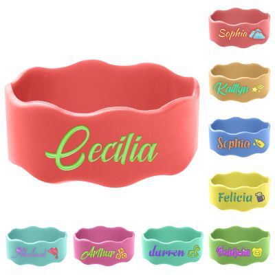 1 Pcs Personalized Water Bottle Name Bands, Reusable Bottle Labels, Cute Bottle Tag Washable Sippy Cup Strap Non-Slip Silicone Daycare Labels Gifts