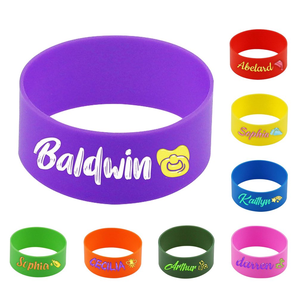 2 Pcs Personalized Water Bottle Name Bands, Waterproof Bottle Labels, Silicone Bottle Tag Washable Sippy Cup Strap Daycare Labels for Boys Girls