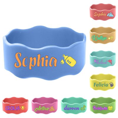 1 Pcs Personalized Water Bottle Labels Washable Daycare Essentials Cute Sippy Cup Strap Non-Slip Silicone Daycare Labels Waterproof Bottle Name Bands