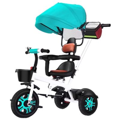 Swivel seat Kids Stroller tricycles,Toddler Trolley for Age 1-5,Parent Steering Push Trike with Removable Canopy and Push Handle,Titanium Wheel,Rear Wheel with Brakes (White Green Titanium Wheel)