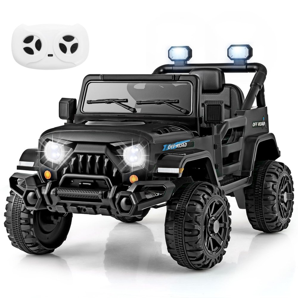 Costzon 12V Kids Ride on Truck Car, Electric Vehicle w/Remote Control, Threaded Wheels, 3 Speeds, LED Lights, Music, Horn & Wireless Connection, Battery Powered Ride on Toy for Boys & Girls 3+ (Black)
