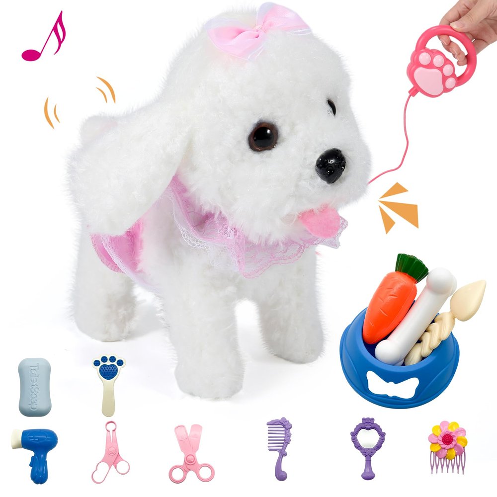 GOBRILLFUN Electronic Dog, Interactive Plush Puppy, Walking, Barking, Tail-Wagging Stuffed Dog, Dress-Up, Pet Care Sets, Birthday, Realistic Fun for Girls Boys Aged 3-6 Years