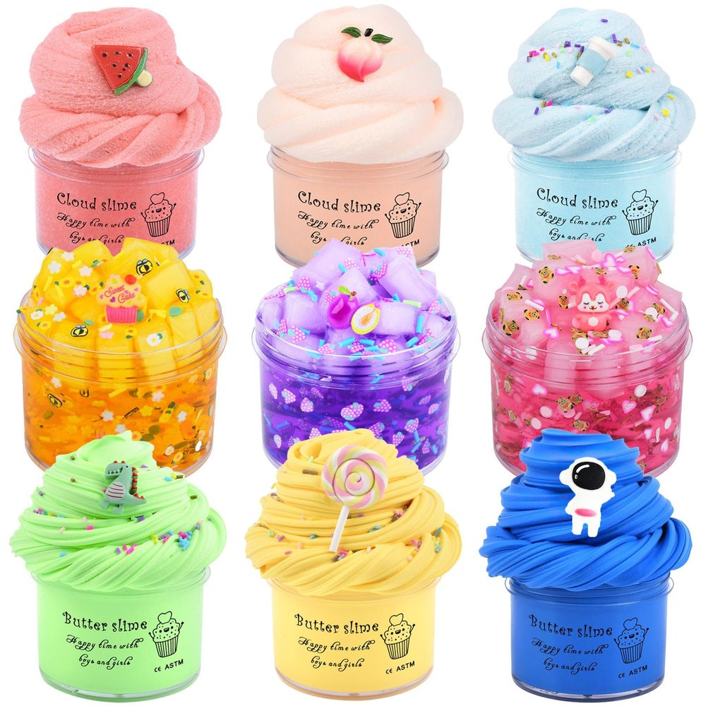 9 Pack Slime Kit, Assorted (Jelly Cube Crunchy, Cloud, Butter) Slime, Non-Sticky, DIY Stress Relief Toys for Unisex Children, Birthday Gift, Party Favor
