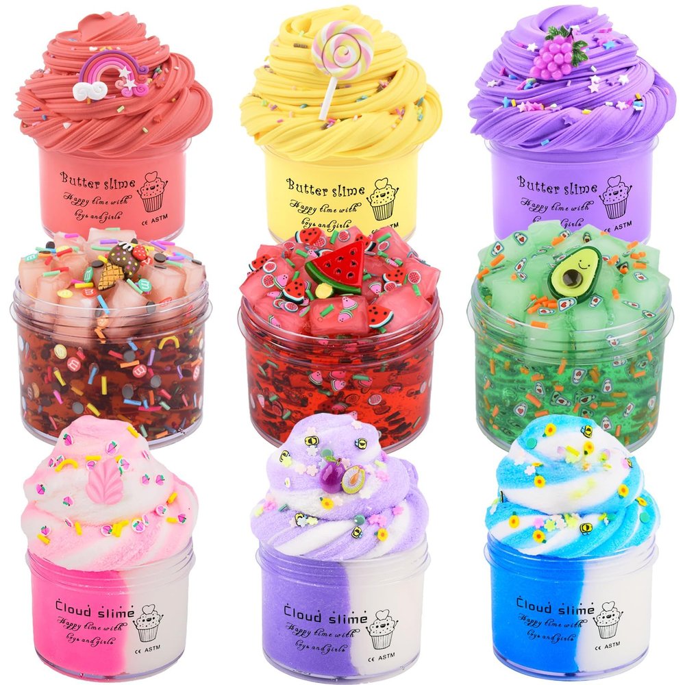 9 Pack Slime Kit - 3 Jelly Cube Crunchy, 3 Cloud, and 3 Butter Slimes - Premade Clear Non-Sticky Toy for Girls & Boys - Super Soft Party Favor for Kids