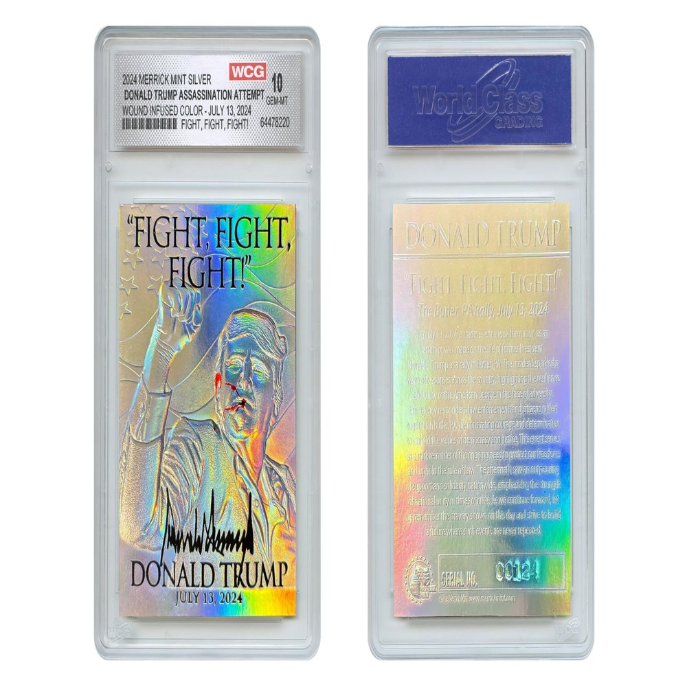 Donald Trump Assassination Attempt Fight Wound Infused Color Silver Holo Card - Graded Gem-Mint 10