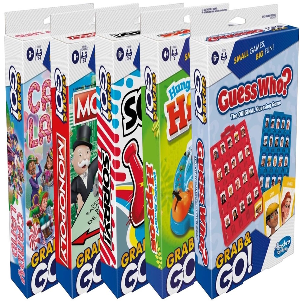 Hasbro Gaming Grab and Go Travel Games Set of 5- Sorry!, Hungry Hippos, Monopoly, Guess Who?, and Candy Land