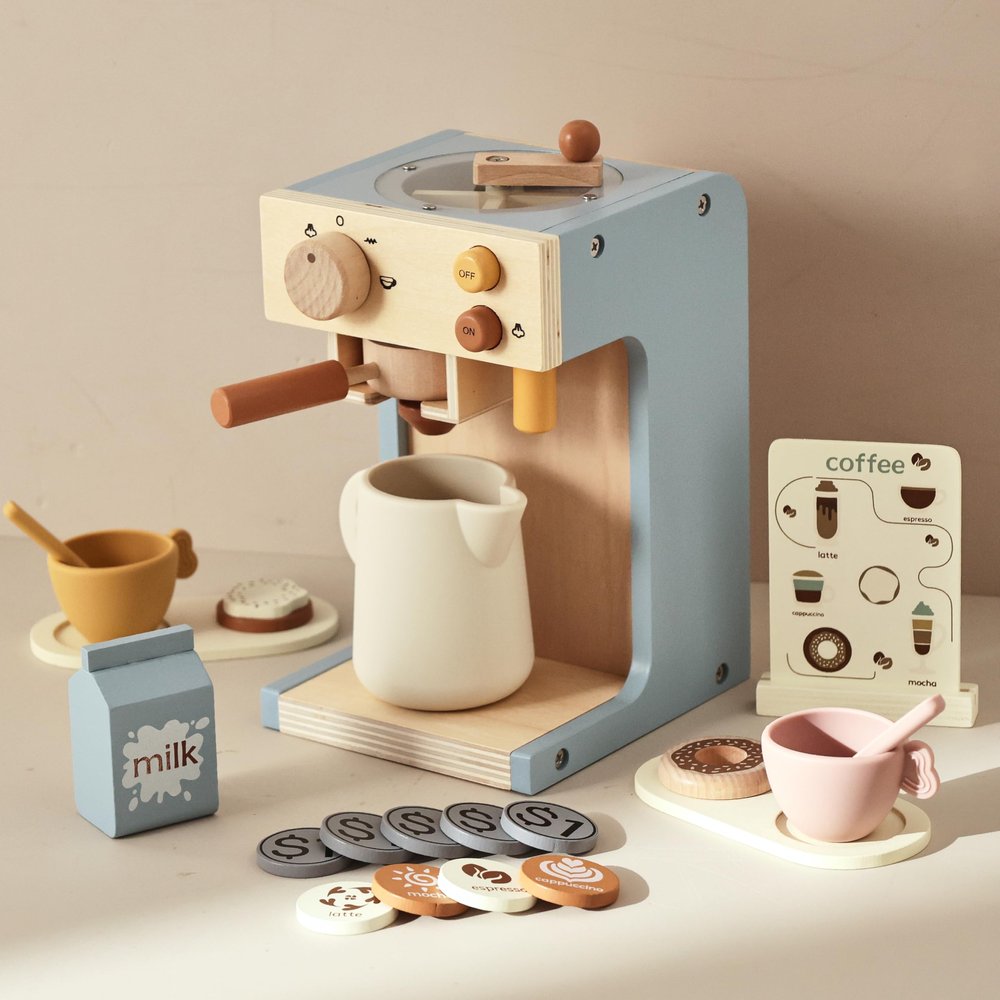 EERKEOD Toy Coffee Maker for Kids Wooden Kids Coffee Maker Playset for Toddlers Play Kitchen Accessories Gift for Girls and Boys