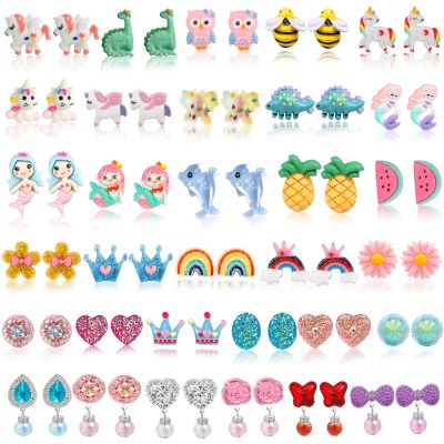 DEVIENG Clip On Earrings for Girls, No Pierced Design Hypoallergenic Kids Clips Earrings Sets Suitable for Ages 4-12 Little Girls Cute Small Stud Earring Jewelry Gifts(Clip On Earrings-32 Pairs)